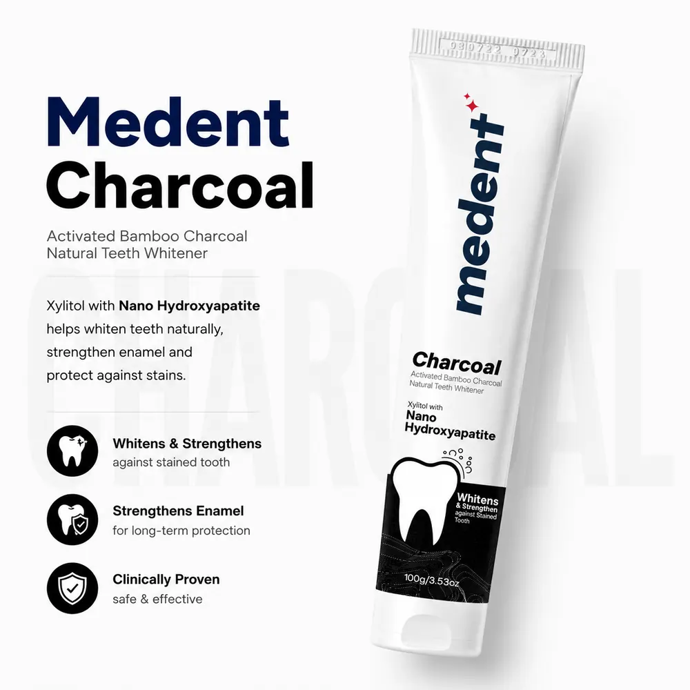 Medent Charcoal — whitens and strengthens against stained teeth